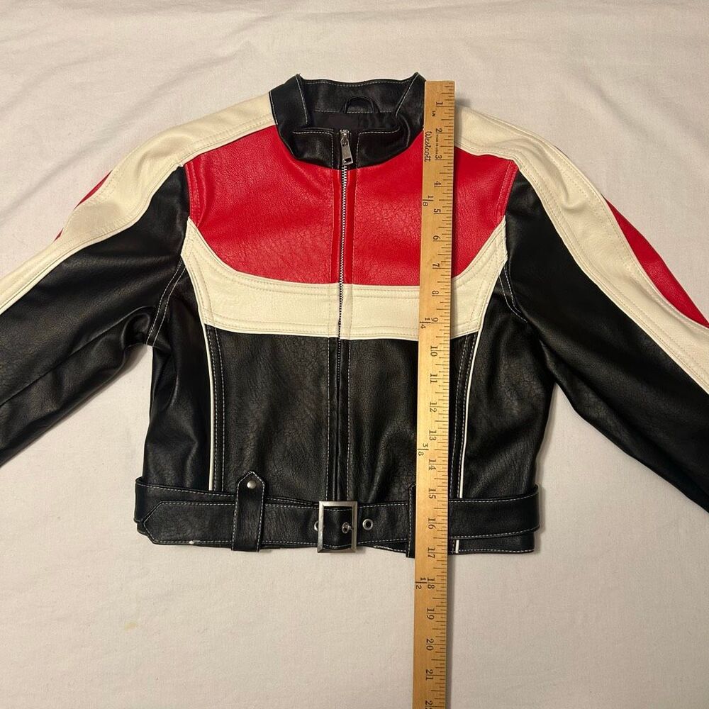 NWT Urban Outfitters Faux Leather Moto Jacket XS: Black, Red & Cream - Picture 4 of 7